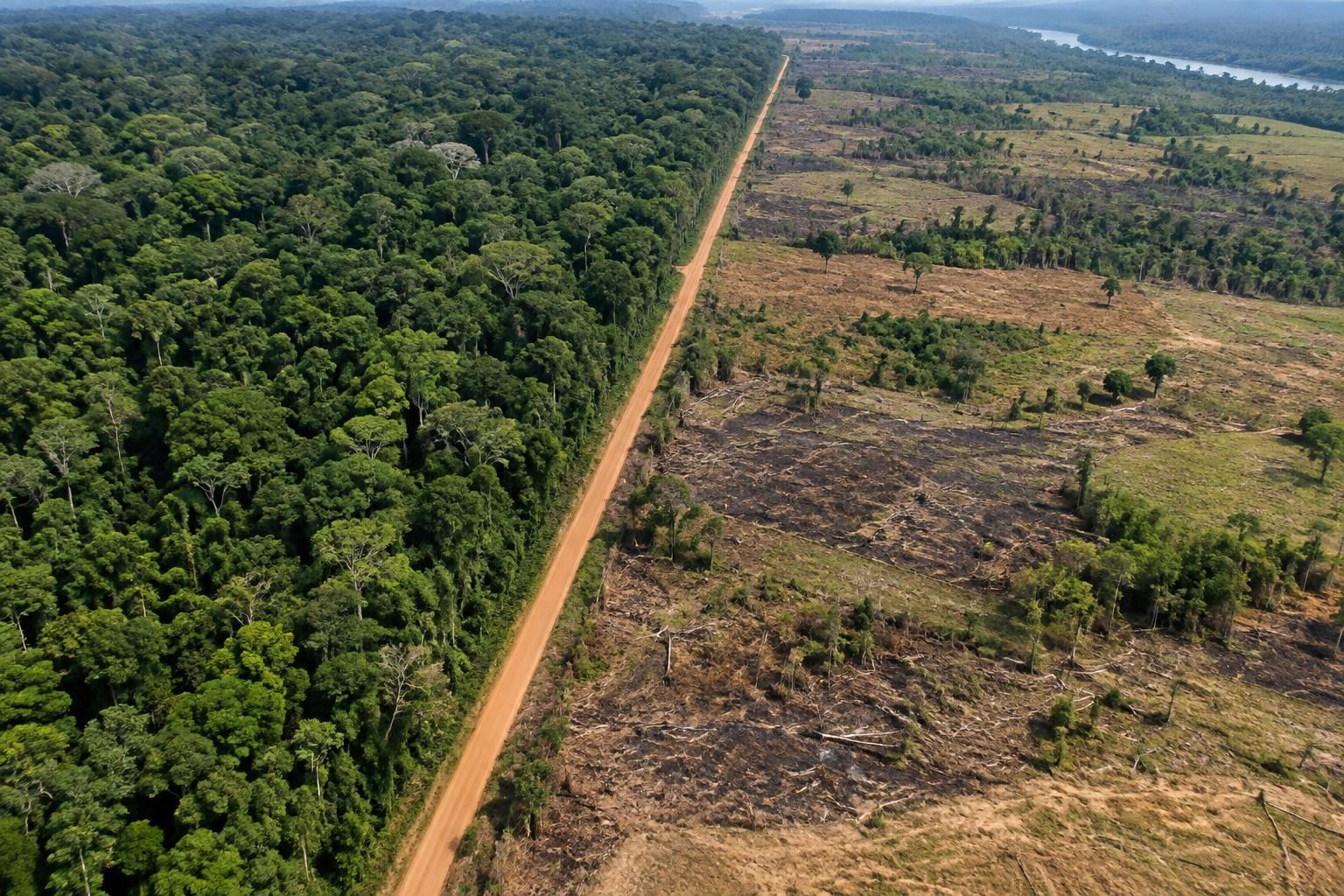 Paisagem genérica da Amazônia com floresta e estrada ao lado, em ilustração editorial.