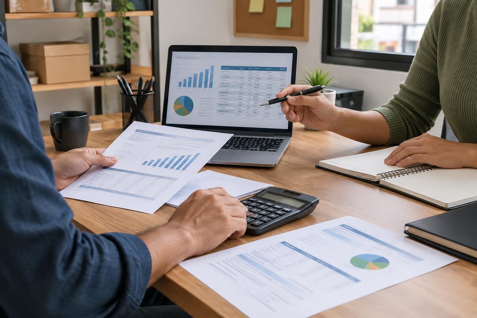 Micro e pequenos empreendedores analisando documentos e computador em ambiente de escritório
