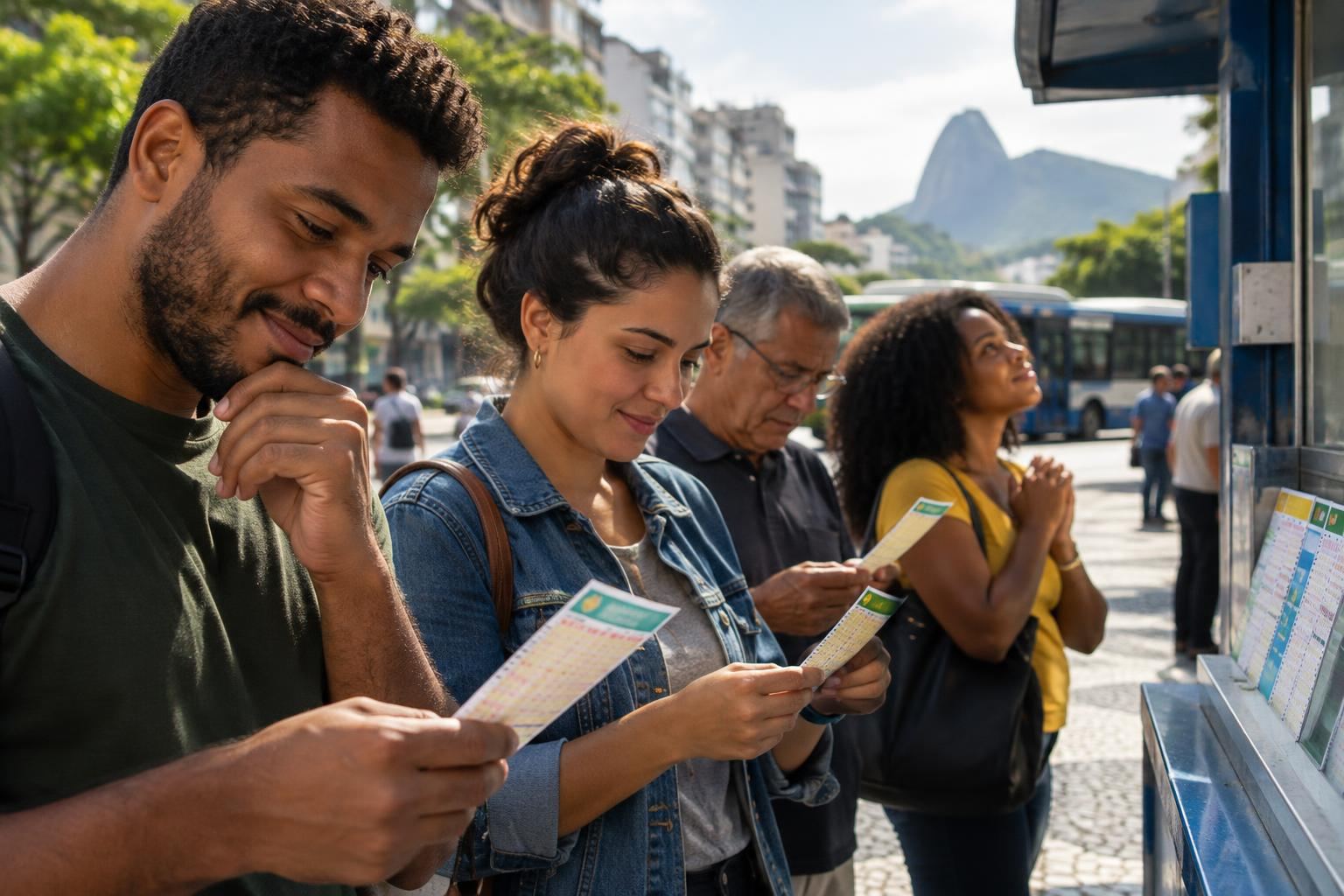 Imagem ilustrativa de pessoas com bilhetes de loteria em contexto urbano brasileiro