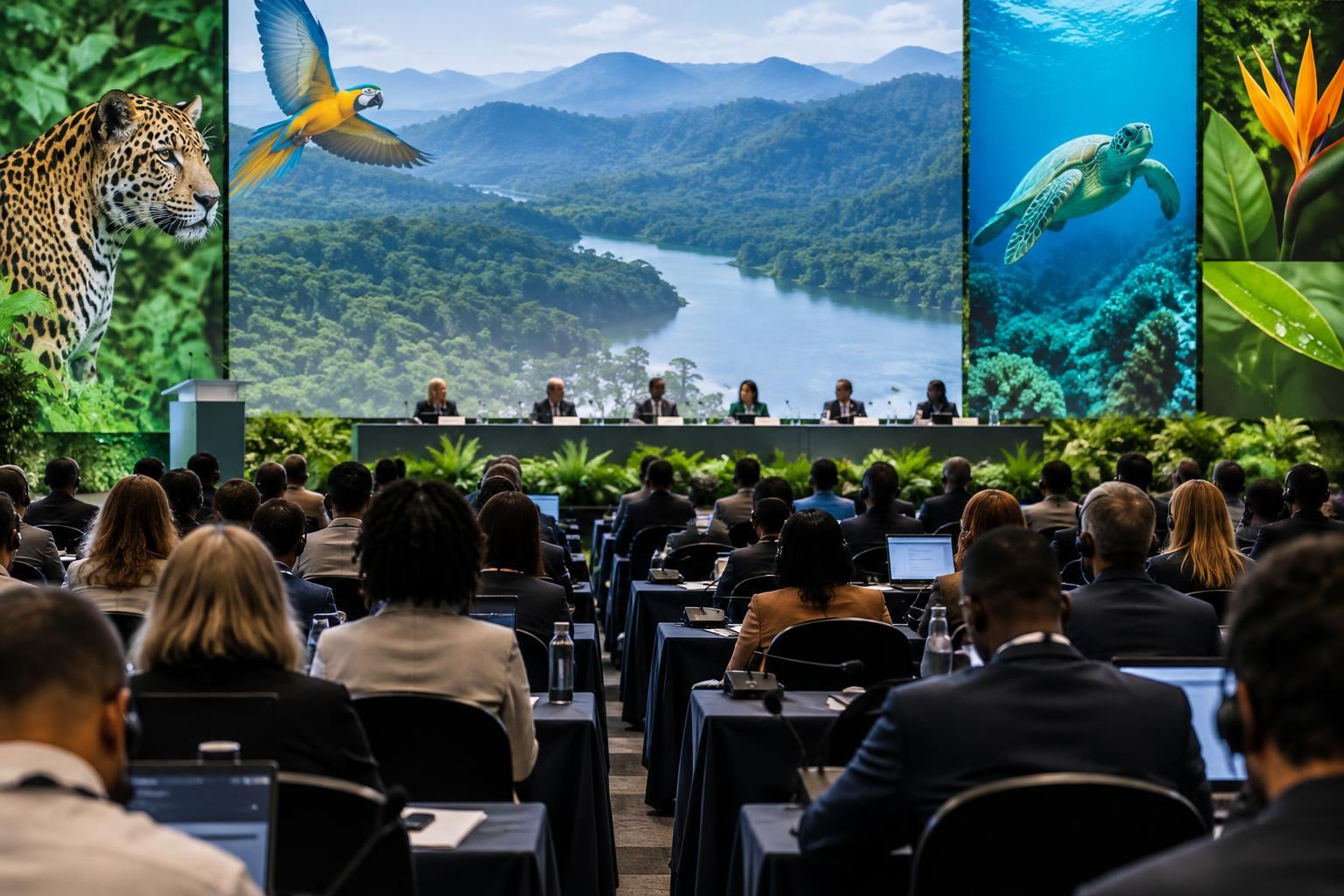 Ilustração editorial genérica de conferência internacional sobre biodiversidade