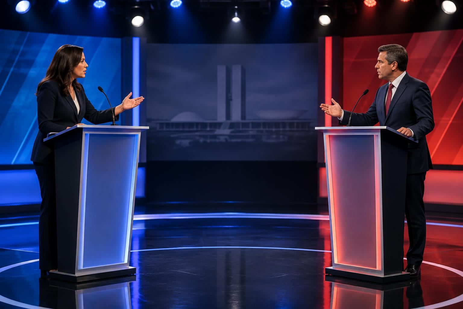 Estúdio de debate político com dois púlpitos e iluminação de TV