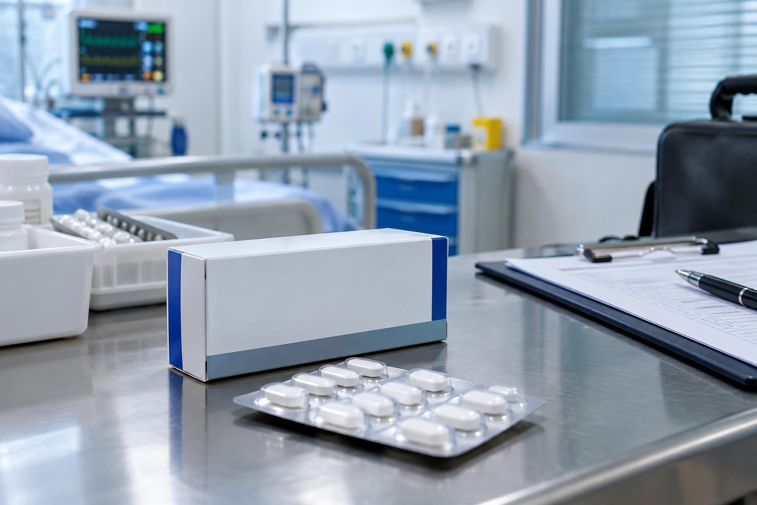 Ilustração genérica de medicamento em ambiente hospitalar com contexto de fiscalização sanitária