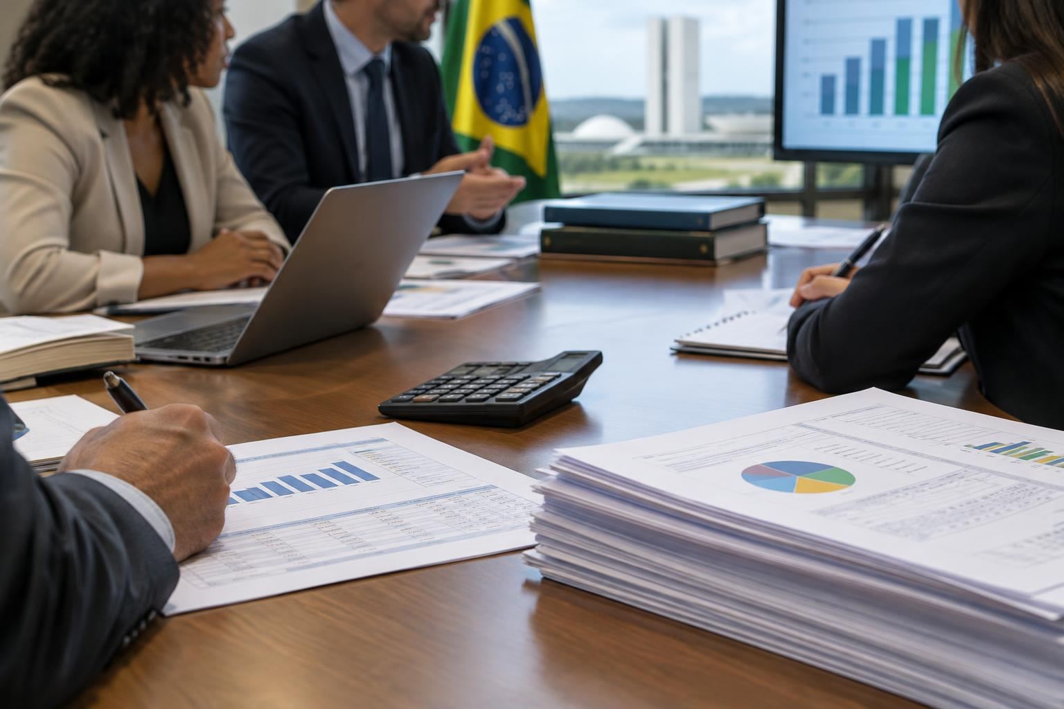 Ilustração genérica de reunião sobre orçamento público e planejamento fiscal