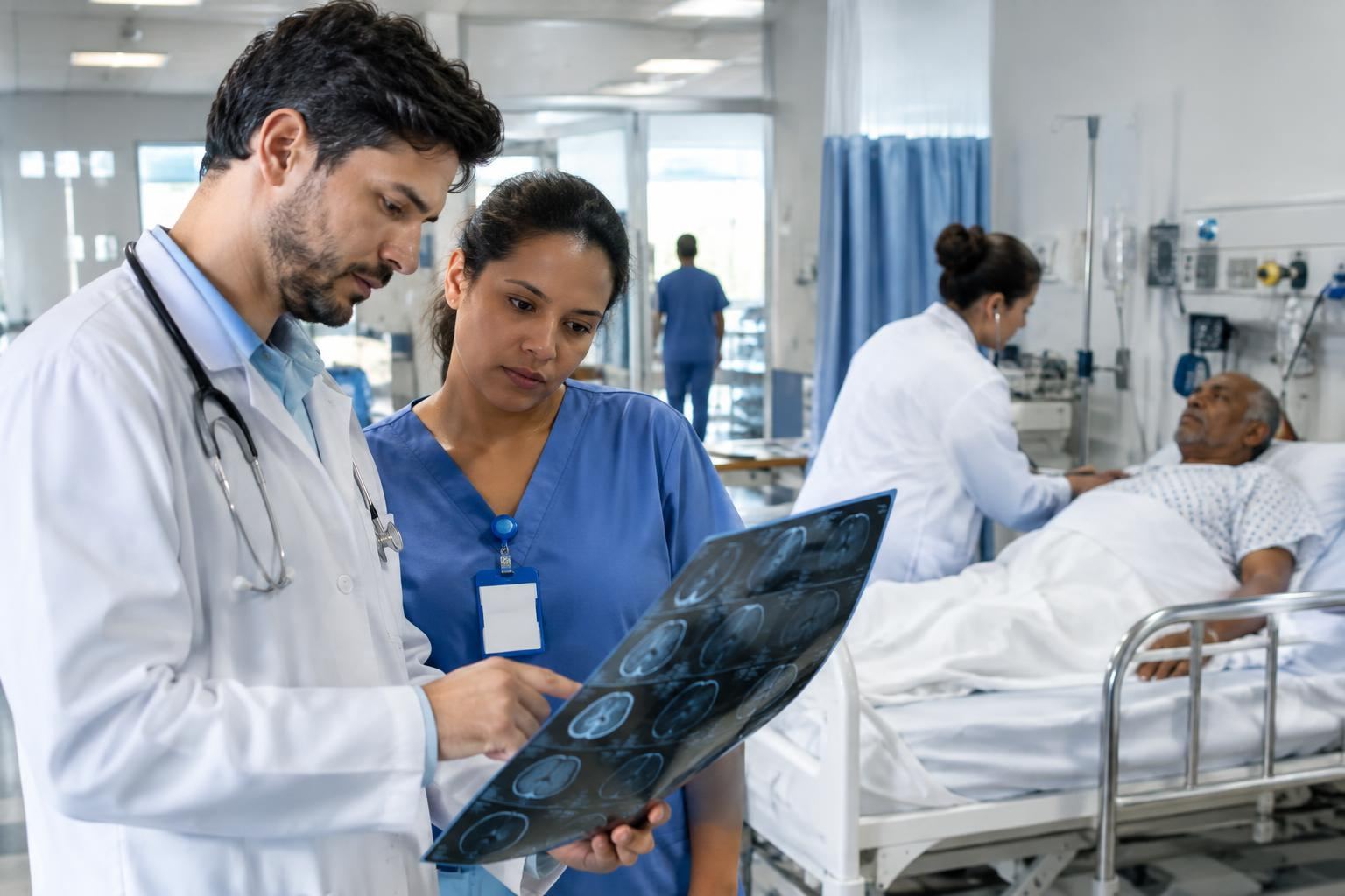 Ambiente hospitalar público com equipe de saúde e paciente em atendimento