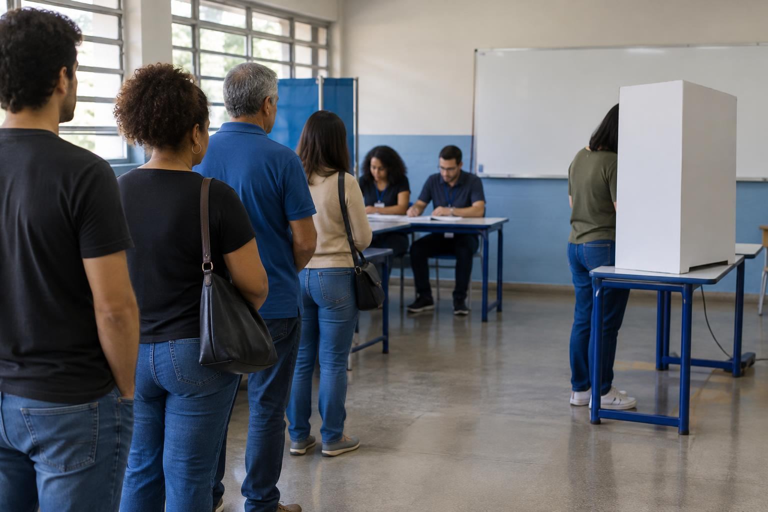 Eleitores em um local de votação durante eleição no Brasil.