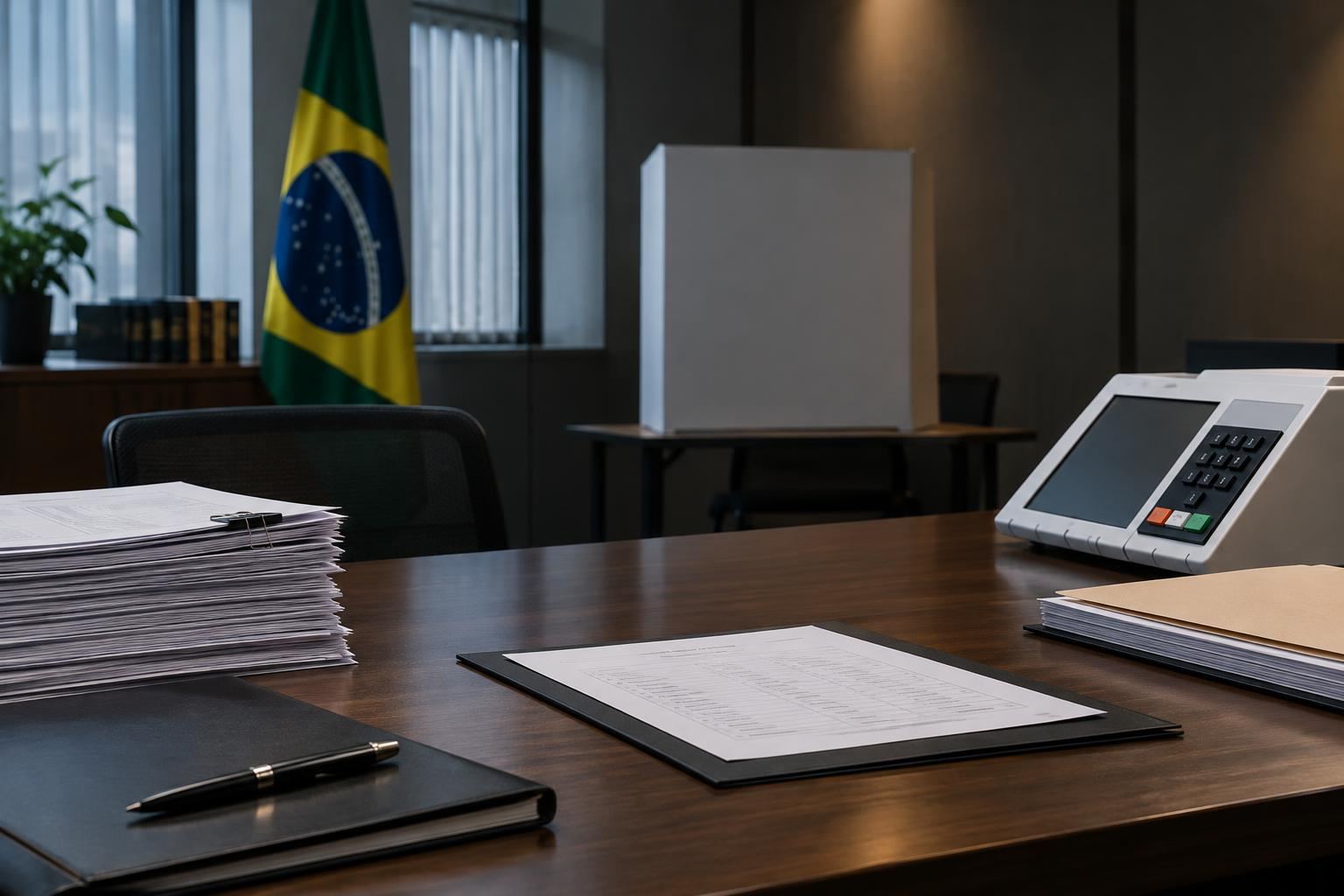 Ilustração genérica de ambiente institucional da Justiça Eleitoral, com documentos sobre uma mesa.
