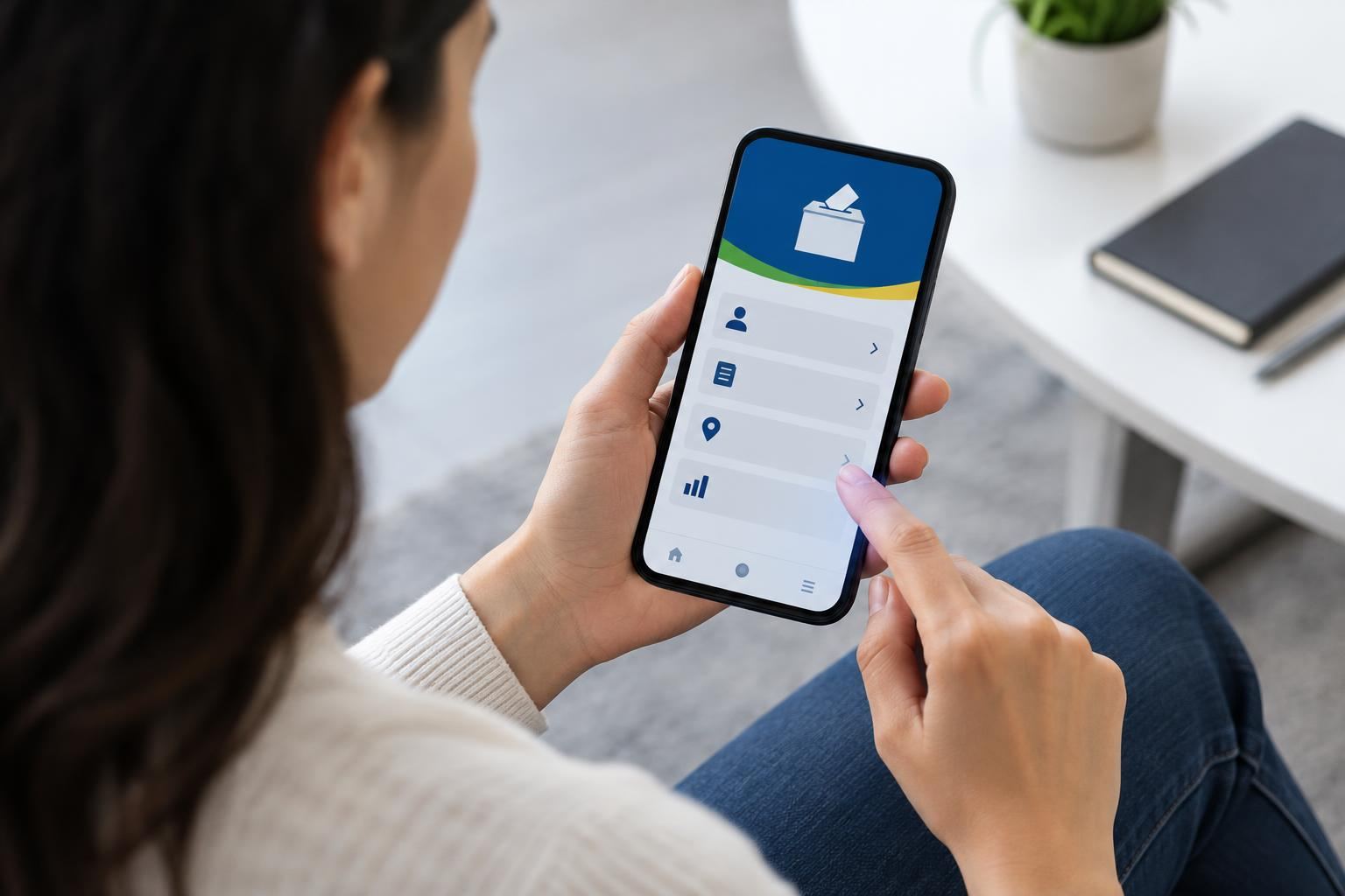 Pessoa usando um celular para consultar aplicativo eleitoral