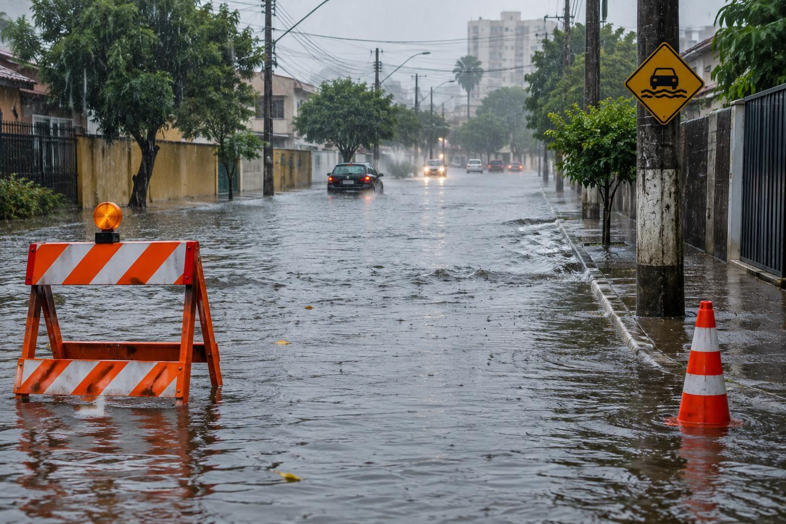 Rua alagada durante chuva intensa, com alerta para risco de enchente.