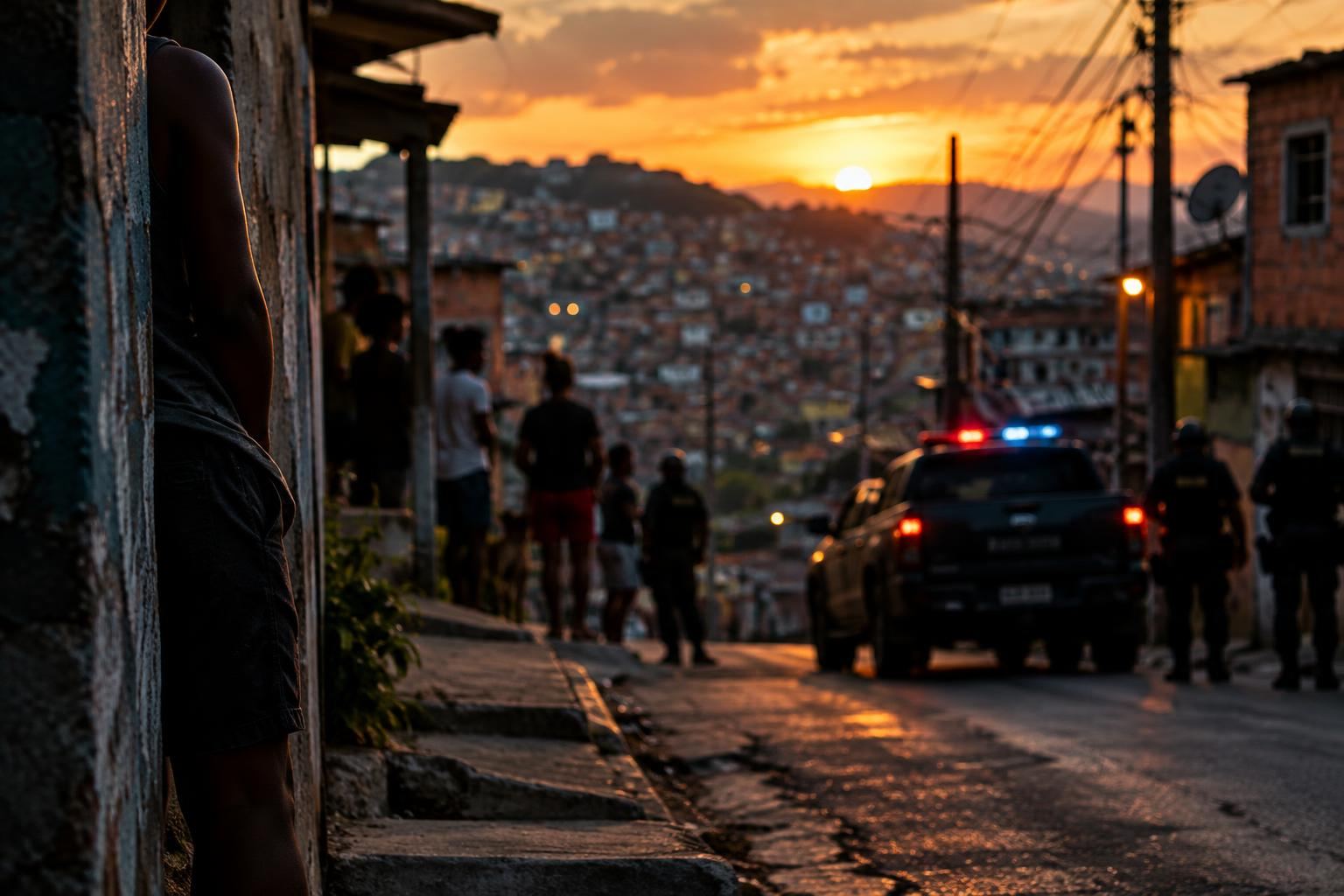 Cena genérica de comunidade urbana com tema de direitos humanos e segurança pública