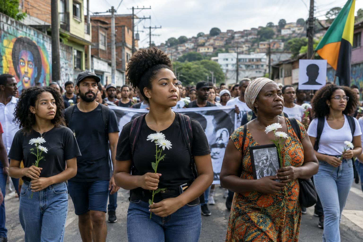 Grupo de pessoas em manifestação comunitária em uma rua urbana, em ato de memória e defesa de direitos
