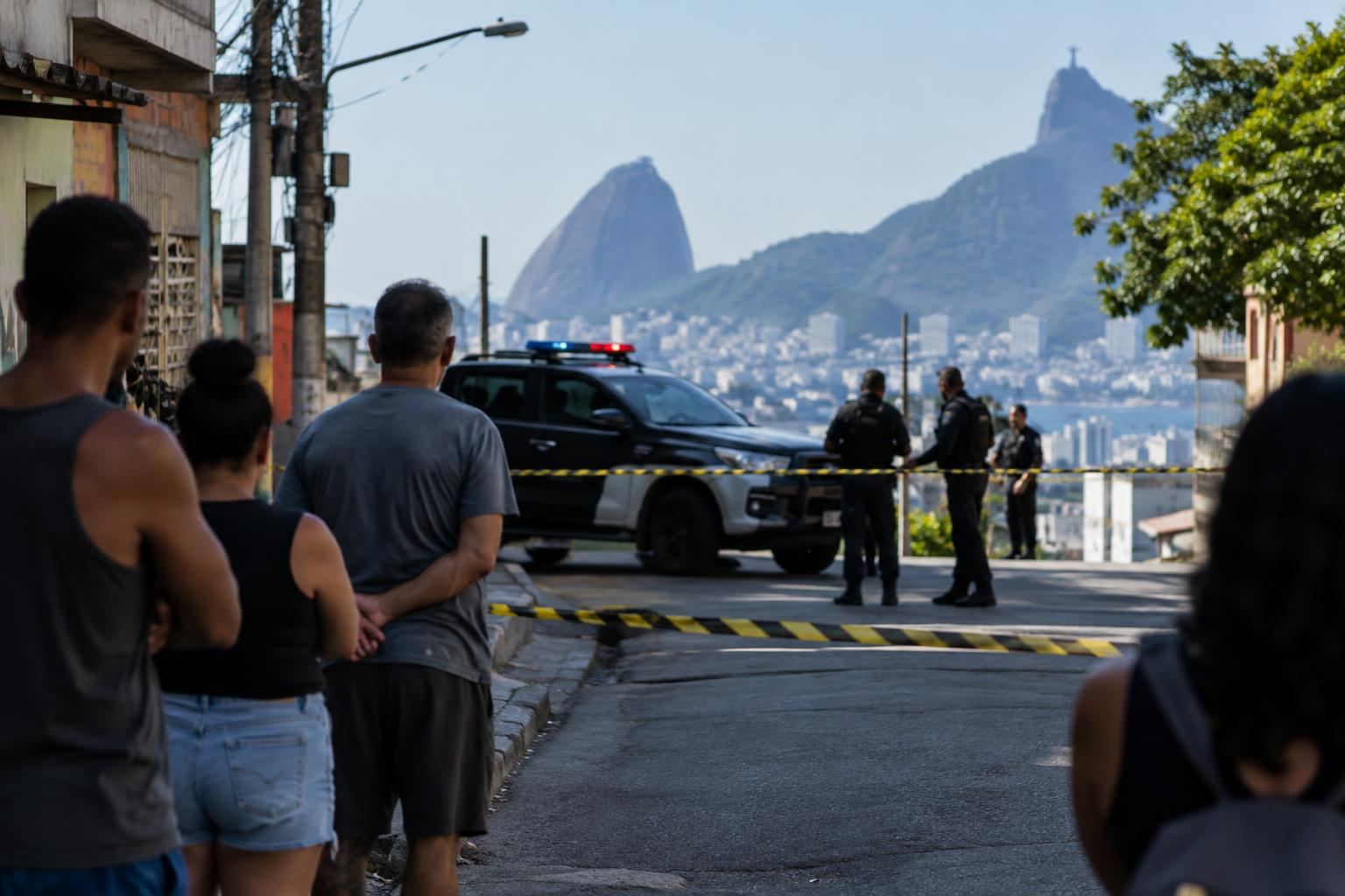 Cena urbana genérica com viatura policial ao fundo e pessoas observando à distância