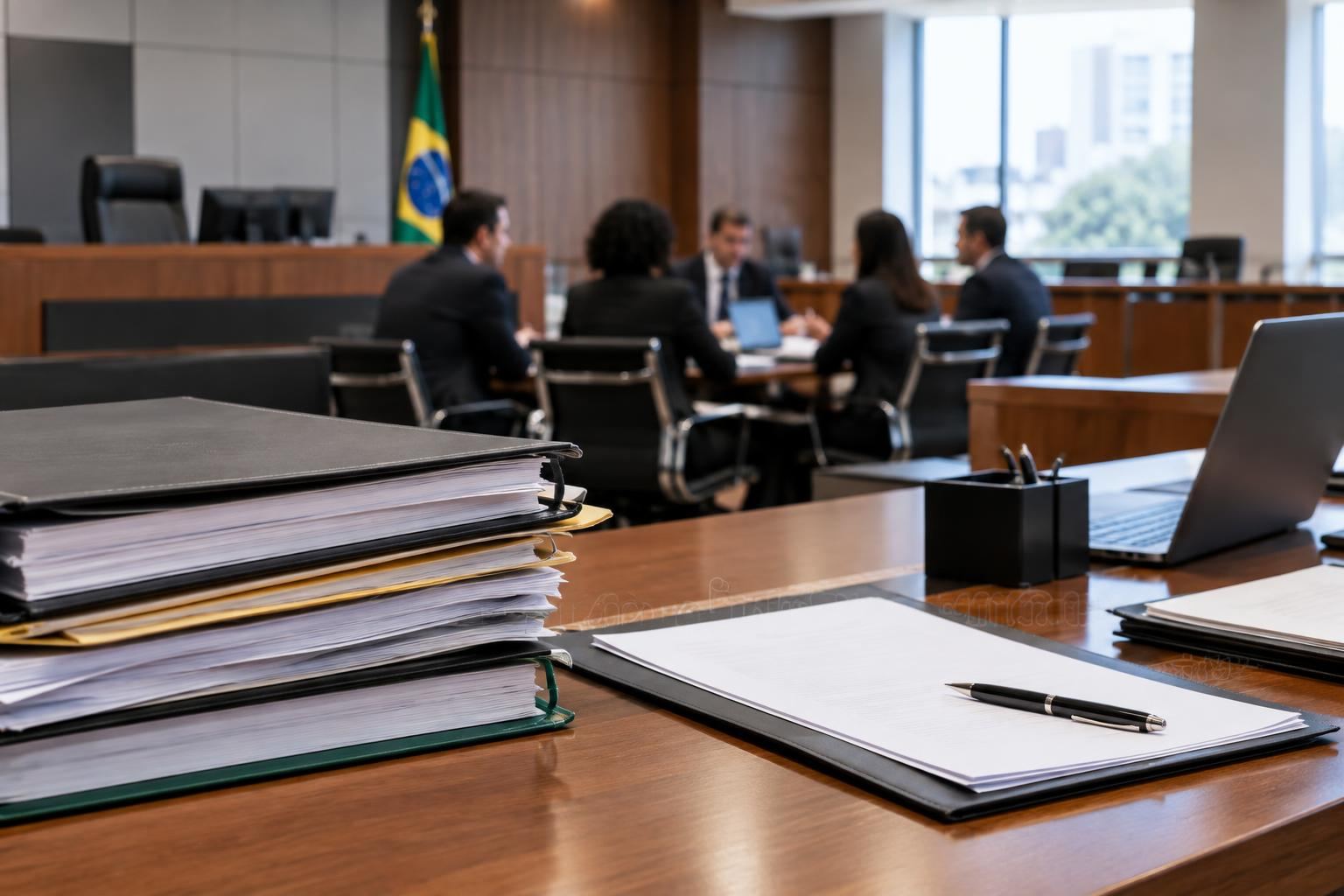 Ambiente genérico de tribunal com documentos e reunião administrativa