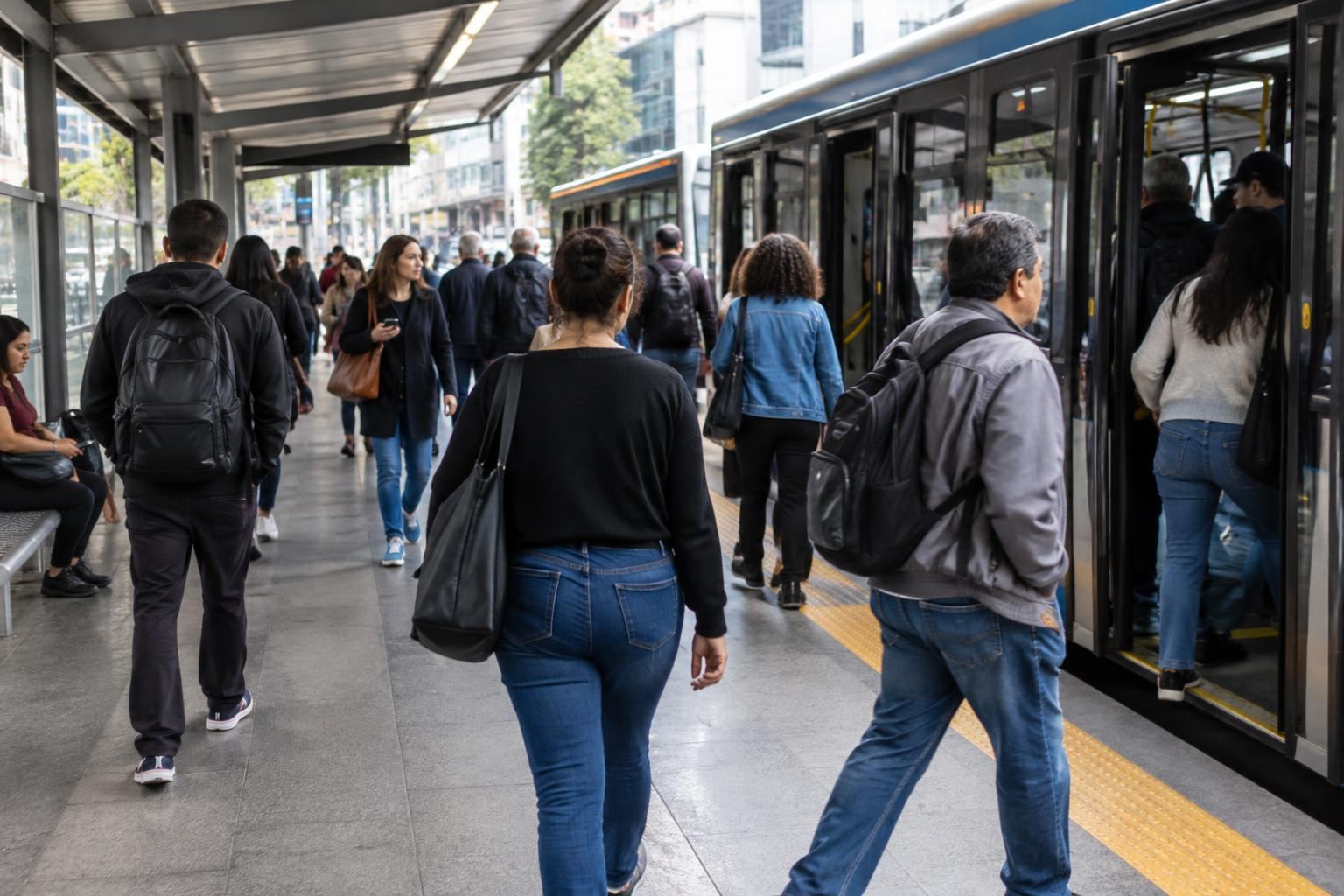 Estação de transporte público com passageiros em deslocamento em dia de votação