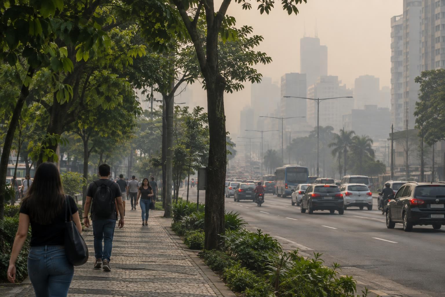 Cidade com tráfego e névoa de poluição ao fundo, em cena editorial genérica