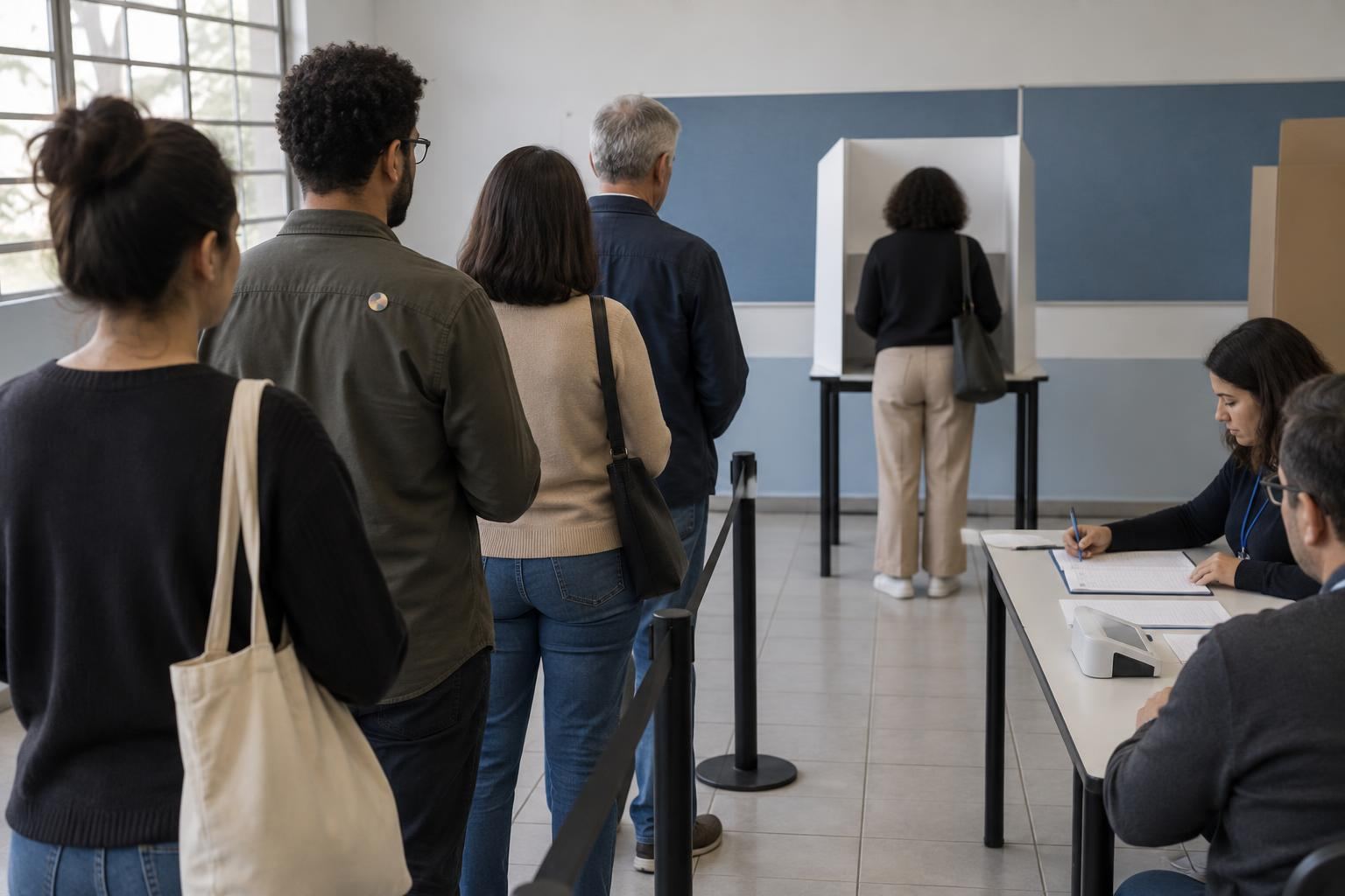 Eleitor em ambiente de votação com símbolos políticos discretos, em cenário genérico e organizado.