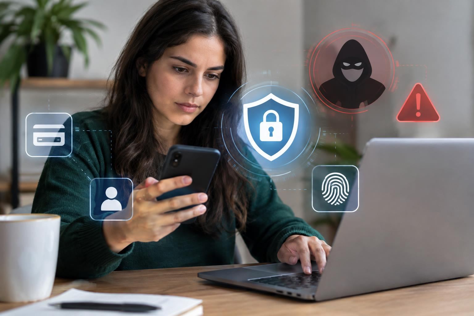 Pessoa usando celular e computador em contexto genérico de alerta contra golpes digitais.