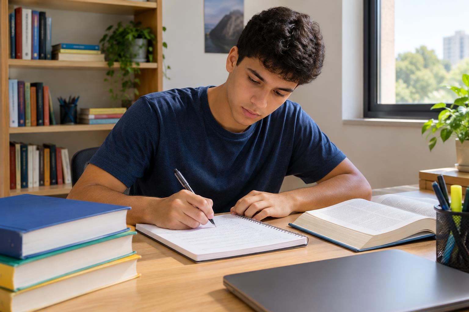 Estudante concentrado em um ambiente de estudo organizado